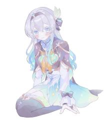 1girl aqua_dress aqua_skirt aqua_thighhighs blue_ribbon blush brown_hairband brown_jacket c0oo77 closed_mouth collar collared_dress cropped_jacket detached_sleeves dress firefly_(honkai:_star_rail) frilled_collar frilled_sleeves frills green_pupils grey_hair hair_between_eyes hair_intakes hair_ornament hair_ribbon hairband highres honkai:_star_rail honkai_(series) jacket long_sleeves multicolored_eyes neckerchief orange_neckerchief ribbon simple_background skirt smile solo sparkle star_(symbol) thighhighs white_background white_collar white_sleeves