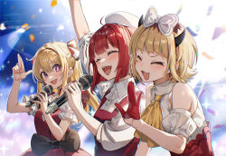 3girls :d arima_kana arm_up ascot b-komachi_(new) bare_shoulders black_horns blonde_hair blunt_bangs bow closed_eyes collared_shirt confetti demon_horns dress fake_horns fang frilled_shirt frills gloves hair_between_eyes hair_bow half_gloves half_updo hand_up hat holding holding_microphone horns hoshino_ruby memcho microphone mismatched_pupils multiple_girls nyoro_(nyoronyoro000) open_mouth oshi_no_ko pink_eyes red_dress red_gloves red_hair shirt short_hair short_sleeves smile sparkle stage_lights three-finger_salute upper_body waving white_bow white_hat white_shirt yellow_ascot