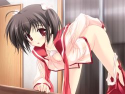 Rule 34 | 00s, 1girl, all fours, bent over, blush, bra, bra lift, breasts, brown eyes, brown hair, clothes pull, female focus, flower, hair flower, hair ornament, lace, lace-trimmed bra, lace trim, lingerie, looking at viewer, medium breasts, open clothes, open mouth, open shirt, open skirt, panties, panties around leg, panty pull, school uniform, serafuku, shirt, short twintails, skirt, skirt pull, solo, tenmaso, to heart (series), to heart 2, twintails, underwear, white bra, white panties, yuzuhara konomi