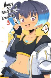 Rule 34 | 1girl, anniversary, artist name, black gloves, black hair, black sports bra, blue hair, body markings, breasts, chest jewel, commentary, denim, fiery hair, fingerless gloves, gloves, gradient hair, hand up, happy anniversary, heart, highres, index finger raised, jacket, jellcaps, looking at viewer, midriff, multicolored hair, navel, open clothes, open jacket, open mouth, purple eyes, sena (xenoblade), side ponytail, simple background, small breasts, smile, solo, spoken heart, sports bra, stomach, teeth, upper body, upper teeth only, white background, white jacket, xenoblade chronicles (series), xenoblade chronicles 3, yellow trim