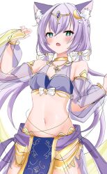 1girl animal_ear_fluff animal_ears bare_shoulders blush breasts cat_ears dancer detached_sleeves green_eyes hair_ornament highres long_hair looking_at_viewer low_twintails maimai_(game) mrn4453 navel open_mouth purple_hair salt_(maimai) see-through_clothes small_breasts solo twintails