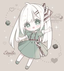 1girl ahoge belt blush bow chibi collared_shirt commentary_request dress fang full_body green_dress green_eyes green_shoes hair_bow hair_ornament hairclip highres kuzuhara_kazuya looking_at_viewer o-ring o-ring_belt original outstretched_arms pleated_dress shirt shoes short_sleeves sidelocks skin_fang star-shaped_pupils star_(symbol) striped_bow swept_bangs symbol-shaped_pupils white_hair