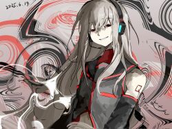 1girl 2025 arm_tattoo bare_shoulders black_sailor_collar black_sleeves dated detached_sleeves evil_smile grey_shirt headphones highres long_hair looking_at_viewer pale_skin red_eyes red_trim sailor_collar shirt smile smirk solo sukone_tei tattoo teeth turtleneck upper_body utau very_long_hair white_hair yo-san_(buzhidaoqishanicheng60804)