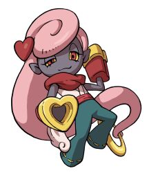 Rule 34 | 1boy, colored sclera, colored skin, full body, green pants, grey skin, hair ornament, heart, heart hair ornament, highres, long hair, looking at viewer, motemacool, official art, pants, pink hair, pointy ears, red eyes, simple background, solo, third-party source, white background, yellow sclera, youkai (youkai watch), youkai watch