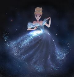 1girl bare_arms bare_shoulders black_background blonde_hair blue_dress blue_eyes breasts bug butterfly butterfly_on_head cinderella_(disney_character) cinderella_(disney_movie) cleavage closed_mouth collarbone commentary downturned_eyes dress earrings english_commentary floating_clothes full_body gown hair_bun happy highres insect jewelry light_particles lipstick long_dress looking_at_viewer magic makeup off-shoulder_dress off_shoulder pleated_dress red_lips short_hair short_sleeves single_hair_bun smile solo sphere_earrings standing stardust_axel updo white_butterfly
