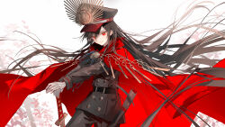 1girl absurdres black_hair breasts buster_shirt cape crest dress family_crest fate/grand_order fate_(series) flower gloves hair_between_eyes hat highres holding holding_weapon jodhpurs katana long_hair long_sleeves looking_at_viewer luozhou_pile medallion military_hat oda_nobunaga_(fate) oda_nobunaga_(koha-ace) pants peaked_cap red_cape red_eyes red_flower scabbard sheath smile solo sword very_long_hair weapon