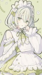 1girl :o ahoge apron bob_cut cape choppy_bangs collar crossed_bangs detached_sleeves dress floral_background flower frilled_apron frilled_collar frilled_headwear frilled_sleeves frills gingham_dress green_apron green_background green_dress green_hair green_ribbon green_trim hair_between_eyes hair_flower hair_ornament hairclip hand_on_own_cheek hand_on_own_face highres kumorimuu layered_dress leaf_hair_ornament maid maid_apron maid_headdress neck_ribbon original parted_lips polka_dot polka_dot_background puffy_sleeves ribbon short_hair sleeveless sleeveless_dress solo two-tone_apron upper_body white_apron white_cape white_dress white_flower white_headdress