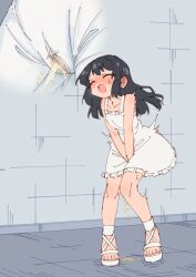 Rule 34 | 1girl, absurdres, between legs, black hair, blush, closed eyes, collarbone, commentary request, dress, embarrassed, flat chest, hand between legs, have to pee, highres, large variant set, long hair, multiple views, open mouth, original, pee, pee stain, peeing, peeing self, rune (dualhart), sandals, standing, toes, variant set, white dress, white sandals