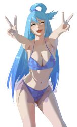 Rule 34 | 1girl, absurdres, aqua (konosuba), bikini, bikini skirt, blue bikini, blue hair, blush, breasts, cleavage, closed eyes, collarbone, commentary request, double v, gluteal fold, hair ornament, hair rings, highres, kono subarashii sekai ni shukufuku wo!, large breasts, long hair, navel, open mouth, outstretched arms, single hair ring, smile, solo, standing, swimsuit, teeth, thighs, upper teeth only, v, very long hair, white background, ynnk lc