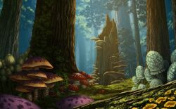 Rule 34 | blue sky, flower, forehead, forest of magic, from below, game cg, grass, justinas vitkus, landscape, leaf, moss, mushroom, no humans, official art, sky, sunlight, third-party source, touhou, touhou cannonball, tree, tree stump, yellow flower