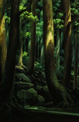 Rule 34 | absurdres, dark, day, dripping, foliage, forest, highres, kamidana, mononoke hime, nature, no humans, official art, oga kazuo, outdoors, painting (medium), rock, scan, scenery, shade, stream, third-party source, traditional media, tree