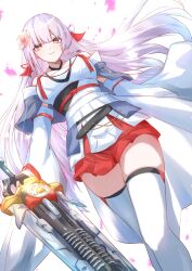 1girl absurdres arms_at_sides assault_lily blue_capelet blunt_bangs braid breasts capelet closed_mouth commentary_request detached_sleeves dutch_angle feet_out_of_frame floating_hair flower from_below funada_ui grey_hair hair_flower hair_ornament halterneck highres holding holding_sword holding_weapon houji_tea_latte japanese_clothes kimono kimono_skirt large_breasts light_smile long_hair long_sleeves looking_at_viewer mole mole_under_mouth multicolored_eyes obi obijime orange_eyes pink_flower purple_eyes red_ribbon ribbon sash short_kimono side_braid simple_background single_braid solo sparkle standing sword tassel tassel_hair_ornament thighhighs very_long_hair waist_cape weapon white_background white_kimono white_ribbon white_thighhighs wide_sleeves zettai_ryouiki