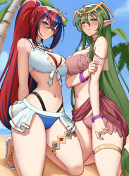 2girls :3 absurdly_long_hair arm_behind_back arm_under_breasts beach bikini blue_eyes blue_hair blurry blurry_background bow breast_press breasts cameltoe choker circlet cleavage cloud commentary detached_collar english_commentary female_alear_(fire_emblem) female_alear_(seaside_dragon)_(fire_emblem) fire_emblem fire_emblem:_mystery_of_the_emblem fire_emblem_engage fire_emblem_heroes flower green_eyes green_hair hair_between_eyes hair_flower hair_ornament heterochromia highleg highleg_bikini highres kneeling large_breasts layered_bikini long_hair looking_at_viewer looking_down marinelime microskirt multicolored_hair multiple_girls nagi_(fire_emblem) narrow_waist navel nintendo ocean palm_tree pink_bikini pointy_ears ponytail red_eyes red_hair sandals sarong showgirl_skirt sidelocks skirt swimsuit symmetrical_docking tareme thigh_strap thighs toes tree two-tone_hair very_long_hair white_bikini white_bow wristband