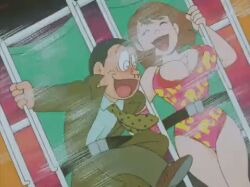 1boy 1girl amusement_park animated animated_gif bouncing_breasts breasts business_suit cleavage formal_clothes large_breasts suit warau_salesman