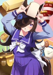 1girl :p animal_ears arms_up blue_flower blue_rose bread bread_slice brown_hair butter commentary_request cutting_board dated egg flower food glint hair_over_one_eye highres honey honey_dipper honeypot horse_ears horse_girl horse_tail jam jar long_hair long_sleeves looking_at_viewer pleated_skirt purple_eyes purple_shirt purple_skirt rice_shower_(umamusume) rose sailor_collar school_uniform shirt signature skirt solo tail takaokasho tongue tongue_out tracen_school_uniform umamusume