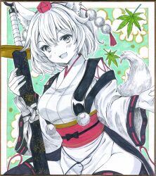 1girl :d animal_ears black_thighhighs breasts commentary_request detached_sleeves hajike_akira hat highres inubashiri_momiji japanese_clothes kimono kourindou_tengu_costume leaf limited_palette medium_breasts obi open_mouth pelvic_curtain pom_pom_(clothes) red_hat red_sash ribbon-trimmed_sleeves ribbon_trim sash short_hair smile solo sword tail tassel thighhighs tokin_hat touhou traditional_media upper_body weapon white_hair white_kimono white_tail wide_sleeves wolf_ears wolf_tail