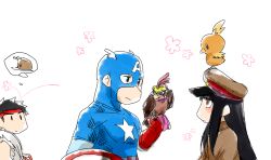 1girl 2boys animal animal_on_head bird bird_on_hand bird_on_head blue_bodysuit bodysuit brown_hat captain_america chibi chibi_only commentary_request creatures_(company) crossover falcon flower game_freak gen_3_pokemon gloves hanachirasu hat ishima_kaigen jojo_no_kimyou_na_bouken long_hair looking_at_another m.u.g.e.n marvel_vs._capcom military_uniform mo_(wkmdw) multiple_boys multiple_crossover nintendo nitro+royale on_head pet_shop pink_flower pokemon red_gloves ryu_(street_fighter) shield speech_bubble spoken_food star_(symbol) street_fighter superhero_costume thought_bubble torchic white_background
