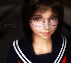 1girl 3d black_hair brown_eyes female_focus glasses light_smile looking_at_viewer original photorealistic realistic school_uniform serafuku short_hair solo ushiyama_masahiro