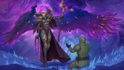 1boy 1girl adepta_sororitas armor armored_boots astra_militarum beads black_gloves blonde_hair blue_eyes blue_feathers blue_lips blue_wings boots breastplate breasts cape chaos_(warhammer) claws colored_sclera corruption extra_eyes eye_on_chest eye_symbol facial_mark feathered_wings feathers gloves gradient_hair gradient_wings green_helmet helmet highres holding holding_staff knee_boots knee_pads large_breasts lipstick long_legs magic makeup multicolored_hair multicolored_wings multiple_eyes pelvic_curtain power_armor prayer_beads purple_cape purple_eyes purple_feathers purple_hair purple_sclera purple_wings rosary short_hair shoulder_armor skull spiked_arm spikes staff tall_female two-tone_hair tzeentch_(cult) warhammer_40k white_hair wings yangzheyy