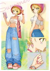 1girl absurdres bag blonde_hair breasts cellphone choker crop_top denim earrings green_eyes hair_ornament hairclip hat heart heart_earrings highres idolmaster idolmaster_cinderella_girls jewelry looking_at_viewer miyamoto_frederica multiple_views navel phone platform_sandals short_hair small_breasts smartphone smile yuu_(higashi_no_penguin)