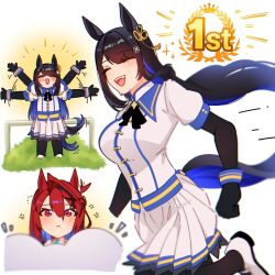 alternate_costume animal_ears asymmetrical_horns black_hair blue_fire cosplay demon_horns elizabeth_rose_bloodflame fire flower highres holoadvent hololive hololive_english horn_flower horns horse_ears horse_girl horse_tail hyurisaki kemonomimi_mode mole mole_under_eye multicolored_hair nerissa_ravencroft panther_ears red_eyes red_hair simple_background skirt split-color_hair tail two-tone_hair umamusume uneven_horns virtual_youtuber