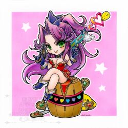 Rule 34 | 1girl, absurdres, angela (seiken densetsu 3), bare shoulders, barrel, blue boots, blue gloves, blue hat, boots, breasts, chibi, chibi only, cleavage, cross tie, crossed legs, dual wielding, full body, gem, gloves, gold trim, green eyes, green gemstone, gun, half updo, handgun, hat, highres, holding, holding gun, holding weapon, hori wo, leotard, light blush, long hair, medium breasts, mini hat, parted bangs, pink background, ponytail, purple hair, red leotard, red skirt, seiken densetsu, seiken densetsu 3, showgirl skirt, sidelocks, sitting, skirt, smile, smoke, smoking barrel, tongue, tongue out, twintails, weapon, white wrist cuffs, wrist cuffs