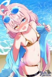 1girl absurdres beach bikini blue_archive blue_eyes blush breasts commission day eyewear_on_head fang gold_bikini heterochromia highres hoshino_(blue_archive) loli long_hair looking_at_viewer nude ocean open_mouth outdoors paid_reward_available pink_hair red_eyes skeb_commission solo solo_focus sunglasses swimsuit water xgarasux