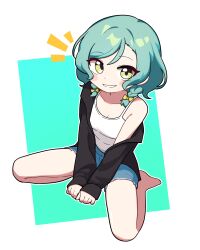 1girl aqua_hair bang_dream! bare_shoulders barefoot between_legs black_jacket blue_shorts blush bow breasts cleavage collarbone green_eyes hair_bow hand_between_legs highres hikawa_hina jacket jorang_(jorang08) long_sleeves looking_at_viewer notice_lines open_clothes open_jacket short_hair shorts sidelocks single_off_shoulder sitting solo tank_top wariza white_tank_top yellow_bow
