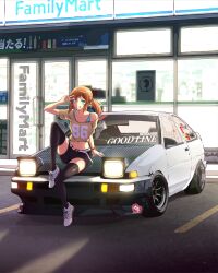 1girl absurdres adidas belt black_shorts black_thighhighs blue_bra blue_eyes bra brown_hair brown_shirt car commentary english_commentary familymart funkygarage glowing heart highres licking_lips looking_at_viewer midriff motor_vehicle navel off_shoulder on_car on_vehicle original ponytail shirt shoes shorts sitting smile sneakers solo thighhighs tongue tongue_out toyota toyota_sprinter_trueno underwear v vehicle_focus white_belt white_shoes