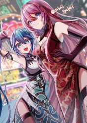 Rule 34 | 2girls, :d, aqua eyes, aqua hair, arm cutout, arm up, armpits, bare shoulders, blurry, blurry background, breasts, china dress, chinese clothes, cleavage, cleavage cutout, closed mouth, clothing cutout, commentary request, depth of field, detached sleeves, double-parted bangs, dress, elbow gloves, fishnet thighhighs, fishnets, gloves, gradient clothes, gradient dress, green dress, hair between eyes, hairband, hand on own hip, hatsune miku, hatsune miku (suigyoku), highres, long hair, looking at viewer, medium breasts, megurine luka, megurine luka (kougyoku), multiple girls, neon sign, open mouth, pink hair, project diva (series), project diva f, red dress, ribbon, sakaisyakai, side slit, sidelocks, sleeveless, sleeveless dress, smile, standing, teeth, thighhighs, twintails, twitter username, upper teeth only, very long hair, vocaloid, white dress, world&#039;s end dancehall (vocaloid)