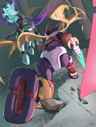 Rule 34 | 2boys, absurdres, armor, battle, blonde hair, energy sword, helmet, highres, holding, holding sword, holding weapon, long hair, male focus, mega man (series), mega man zero (series), mega man zero 3, multiple boys, omega (mega man), omochi (mochi skymega), red armor, red helmet, sword, weapon, white armor, zero(z) (mega man), zero (mega man)