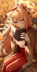 Rule 34 | 1girl, absurdres, alternate costume, animal ear fluff, animal ears, autumn, autumn leaves, bench, beret, blue archive, blue eyes, book, brown jacket, cat ears, cat girl, closed mouth, commentary request, flower, halo, hands up, hat, hat flower, highres, holding, holding book, jacket, leaf, long sleeves, looking at viewer, mari (blue archive), oiru (613), on bench, open clothes, open jacket, orange hair, outdoors, park bench, red hat, red skirt, sitting, skirt, smile, solo, sweater, white flower, white sweater, yellow halo