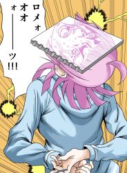 1girl ahoge araki_hirohiko_(style) arms_behind_back blue_hoodie blunt_ends commentary_request crying crying_with_eyes_open drawing_(object) from_behind highres hood hoodie leaning_back long_sleeves love_live! love_live!_nijigasaki_high_school_idol_club majunia medium_hair nijigasaki_school_uniform open_mouth pink_hair rina-chan_board school_uniform sketchbook solo tears tennoji_rina translation_request upper_body