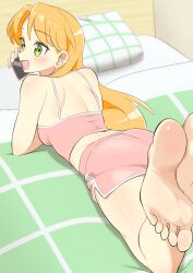 1girl ass back bed blonde_hair breasts camisole cellphone collarbone dolphin_shorts feet green_eyes highres holding holding_phone imiin long_hair lying on_bed on_stomach open_mouth phone pink_camisole ruri_no_houseki shorts shoulder_blades sleeveless small_breasts tanigawa_ruri thighs