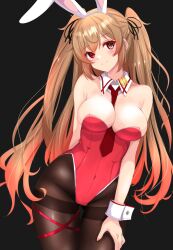 Rule 34 | 1girl, absurdres, alternate costume, animal ear hairband, animal ears, between breasts, black background, black pantyhose, breasts, brown eyes, brown hair, cowboy shot, detached collar, fake animal ears, gluteal fold, gradient hair, hair flaps, hairband, heterochromia, highres, kantai collection, large breasts, leotard, long hair, looking at viewer, multicolored hair, murasame (kancolle), murasame kai ni (kancolle), necktie, necktie between breasts, nitamako (sakamalh), pantyhose, playboy bunny, rabbit ears, red eyes, red leotard, red necktie, simple background, solo, strapless, strapless leotard, thighband pantyhose, two side up, wrist cuffs