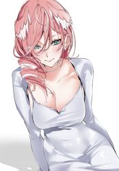 Rule 34 | 1girl, blue eyes, blush, breasts, cleavage, dress, earrings, hair between eyes, head wings, highres, hololive, jewelry, large breasts, long hair, long sleeves, looking at viewer, necklace, pearl earrings, pearl necklace, pink hair, side ponytail, simple background, smile, solo, takane lui, toge0toge0, virtual youtuber, white background, white dress, wings