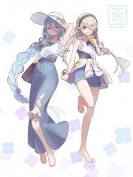 Rule 34 | 2girls, absurdres, azura (fire emblem), bag, barefoot, black hairband, blue hair, blue pants, blue shorts, blush, braid, breasts, closed mouth, female corrin (fire emblem), fire emblem, fire emblem fates, food, grey hair, hair between eyes, hairband, hat, high-waist pants, highres, holding, holding food, holding ice cream, ice cream, ice cream cone, long hair, looking at viewer, multiple girls, nintendo, one eye closed, pants, pointy ears, red eyes, shirt, shorts, shoulder bag, side slit, simple background, sleeveless, smile, sorane amus, sun hat, twintails, very long hair, white hair, white shirt, yellow eyes