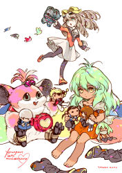 2girls anniversary barefoot bartholomew_fatima billy_lee_black bird black_pantyhose character_doll chu_chu_(xenogears) copyright_name dark-skinned_female dark_skin drill_hair elhaym_van_houten emerada_(xenogears) fei_fong_wong flying goggles goggles_on_head green_hair grey_eyes grey_hair hashtag-only_commentary kato_sayaka long_hair maria_balthasar multiple_girls open_mouth pantyhose pink_fur seibzehn simple_background sitting skirt smile white_background white_fur white_skirt xenogears