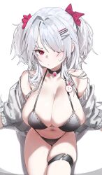 1girl absurdres bare_shoulders bikini black_bikini black_choker bow breasts choker cleavage closed_mouth commentary_request commission frown hair_bow hair_ornament hair_over_one_eye hairclip halterneck highres huge_breasts jacket korean_commentary long_hair long_sleeves looking_at_viewer navel off_shoulder open_clothes open_jacket original rashford red_eyes riche_leilani second-party_source simple_background sitting skindentation solo stomach string_bikini sweat swimsuit thigh_strap thighs two_side_up v-shaped_eyebrows white_background white_hair white_jacket