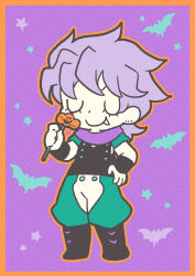 Rule 34 | 1boy, absurdres, bat (animal), black boots, black vest, boots, border, candy, chibi, closed eyes, closed mouth, colored skin, dio brando, ear birthmark, fang, fang out, food, full body, green pants, green shirt, halloween, hand on own hip, highres, holding, jojo no kimyou na bouken, lollipop, m a a m 8, male focus, orange outline, outline, pants, phantom blood, purple background, purple hair, purple scarf, scarf, shirt, short sleeves, smile, solo, standing, star (symbol), two-tone pants, u u, vampire, vest, white pants, white skin, wristband