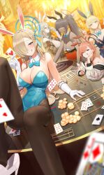 5girls absurdres akane_(blue_archive) akane_(bunny)_(blue_archive) aqua_leotard ass asuna_(blue_archive) asuna_(bunny)_(blue_archive) asymmetrical_bangs blue_archive blue_bow blue_bowtie blue_leotard bow bowtie breasts card casino cleaning_&amp;_clearing_(blue_archive) detached_collar glasses group_picture halo highres huge_ass karin_(blue_archive) karin_(bunny)_(blue_archive) large_breasts leotard md5_mismatch mole mole_on_breast multiple_girls neru_(blue_archive) neru_(bunny)_(blue_archive) official_alternate_costume pantyhose playboy_bunny playing_card resolution_mismatch roulette_table sideboob smug source_smaller table thighband_pantyhose toki_(blue_archive) toki_(bunny)_(blue_archive) traditional_bowtie victory_pose zanya_000