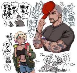 1boy 2girls absurdres alternate_costume arm_tattoo beard black_shirt blonde_hair choker collarbone commentary_request denim denim_shorts dynamax_band earrings facial_hair father_and_daughter gen_4_pokemon gen_6_pokemon gloria_(pokemon) green_eyes hairband hat highres holding holding_unworn_clothes holding_unworn_hat honda_(honndamaria) jewelry looking_down multiple_girls multiple_views navel nintendo partially_colored peonia_(pokemon) peony_(pokemon) pink_choker poke_ball poke_ball_(basic) pokemon pokemon_(creature) pokemon_swsh red_headwear rotom rotom_phone shirt short_hair short_sleeves shorts speech_bubble t-shirt tattoo translation_request tyrunt unworn_hat unworn_headwear very_short_hair