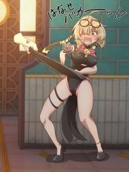 1girl 1other ahoge anger_vein black_dress blonde_hair blush china_dress chinese_clothes clothes_pull clothing_cutout dress dress_pull eyewear_on_head hair_over_one_eye hand_fan highres low_block_heels masugar7 pulling_another&#039;s_clothes sweety_(zenless_zone_zero) tinted_eyewear tuanshan underboob_cutout wavy_mouth yellow-tinted_eyewear zenless_zone_zero