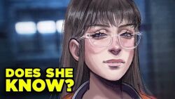 1girl ? batman_(series) blunt_bangs blurry blurry_background brown_hair character_request dc_comics does_he_know?_(meme) edward_nygma english_text glasses gwenervi jumpsuit long_hair looking_at_viewer meme orange_jumpsuit purple_eyes see-through_glasses smug squinting the_batman_(2022) the_riddler yellow_text