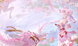 1girl absurdres bare_shoulders breasts chinese_clothes chinese_commentary closed_mouth colored_eyelashes commentary_request cowboy_shot detached_sleeves dragon dress earrings eastern_dragon fingernails flower gl1275038164 hair_flower hair_ornament hanfu highres index_finger_raised jewelry jinhsi_(peach_blossom)_(wuthering_waves) jinhsi_(wuthering_waves) jue_(wuthering_waves) long_hair looking_at_viewer low_twintails medium_breasts nail_polish official_alternate_costume partial_commentary peach_blossom pink_flower pink_nails pink_pupils purple_dress purple_sleeves revision solo tacet_mark_(wuthering_waves) twintails two_side_up very_long_hair water white_eyelashes white_eyes white_hair wind wuthering_waves