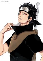 artist_name black_hair clenched_teeth forehead_protector green_yossy high_collar konohagakure_symbol looking_at_viewer male_focus naruto naruto_(series) ninja red_eyes sharingan short_hair short_sleeves simple_background smile solo sword sword_on_back teeth third-party_source twitter_username uchiha_shisui weapon weapon_on_back white_background