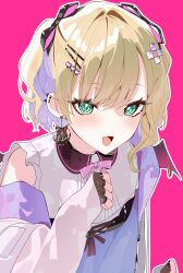 1girl absurdres amopui bat_wings black_bow blonde_hair blush bow bowtie commentary ear_piercing earrings green_eyes hair_bow hair_ornament hairclip hashtag-only_commentary heart heart_hair_ornament highres jewelry kurumi_noah kurumi_noah_(3rd_costume) looking_at_viewer open_mouth outline piercing pink_background simple_background solo virtual_youtuber vspo! white_outline wings