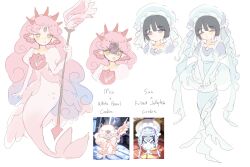 Rule 34 | 2girls, absurdres, alien stage, black hair, black pearl cookie, blue dress, blue hair, blue hat, character name, chinese commentary, coldmeow, commentary request, cookie run, cookie run: kingdom, cosplay, curly hair, dress, frilled jellyfish cookie, frilled jellyfish cookie (cosplay), gloves, hat, highres, holding, holding staff, jellyfish girl, juliet sleeves, long hair, long sleeves, mermaid, mizi (alien stage), monster girl, multicolored hair, multiple girls, pink tail, puffy sleeves, purple eyes, short hair, staff, sua (alien stage), tiara, two-tone hair, v arms, very long hair, white dress, white gloves, white pearl cookie, white pearl cookie (cosplay), yellow eyes