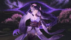 1girl blunt_bangs braid bridal_gauntlets cherry_blossoms closed_mouth cloud cloudy_sky commentary english_commentary genshin_impact glowing glowing_weapon gradient_hair hair_flowing_over hair_ornament highres holding holding_sword holding_weapon ilya_(ilyarawan) japanese_clothes katana kimono long_braid long_hair looking_up mitsudomoe_(shape) multicolored_hair neck_ribbon off_shoulder outdoors purple_background purple_eyes purple_hair purple_kimono purple_sky purple_thighhighs raiden_shogun red_ribbon red_sash ribbon sash shade short_sleeves single_braid sky solo standing storm sword thighhighs tomoe_(symbol) tree weapon wide_sleeves