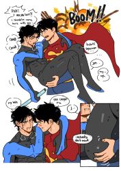 2boys absurdres ass bara batman_(series) baton_(weapon) black_bodysuit black_hair blue_bodysuit bodysuit cape covered_abs dc_comics dick_grayson english_text explosion hand_on_another&#039;s_ass highres holding holding_weapon injury jonathan_kent large_pectorals looking_at_another male_focus multiple_boys muscular muscular_male nightwing one_eye_closed pectorals red_bodysuit red_cape short_hair smile superboy superman_(series) suyohara two-tone_bodysuit weapon yaoi